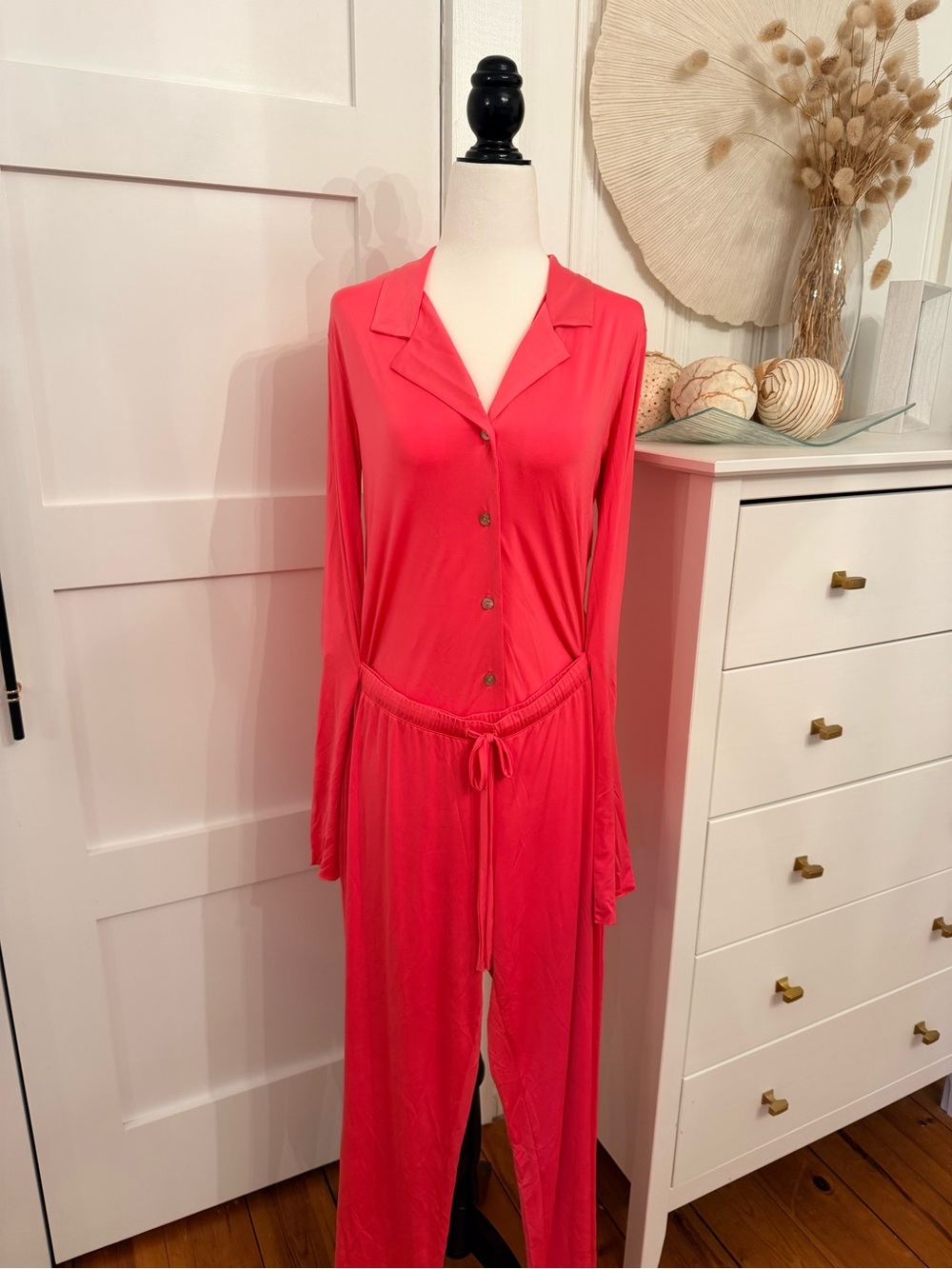 Natori Coral Button-Front Long Sleeve Jumpsuit